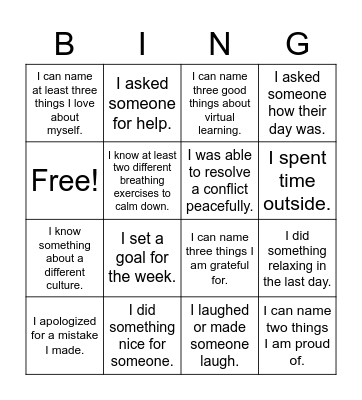 Social Emotional Bingo Card