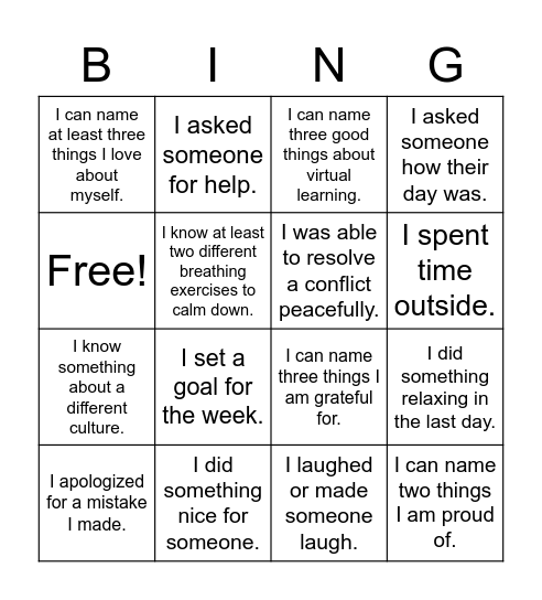 Social Emotional Bingo Card