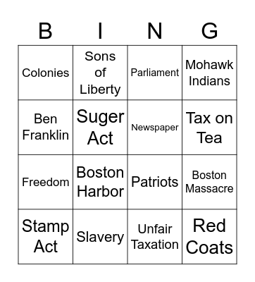 The Boston Tea Party Bingo Card