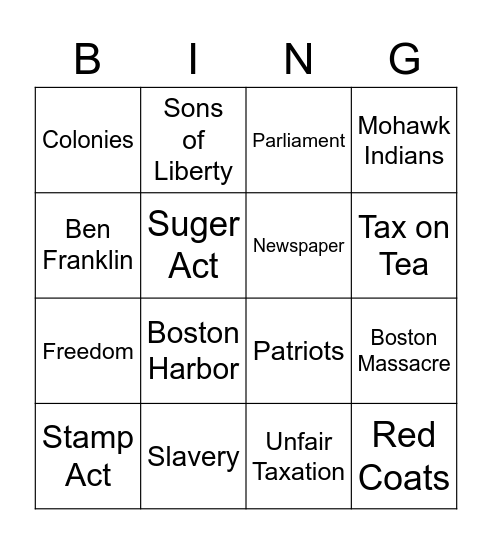The Boston Tea Party Bingo Card