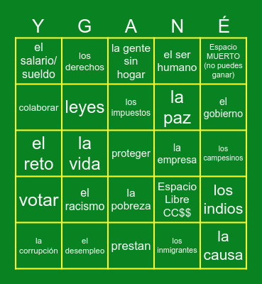 Spanish 4 Chapter 2 Bingo Card