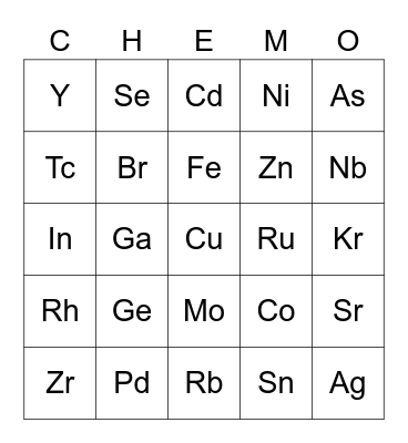 Chem-O- Elements 26-50 Bingo Card