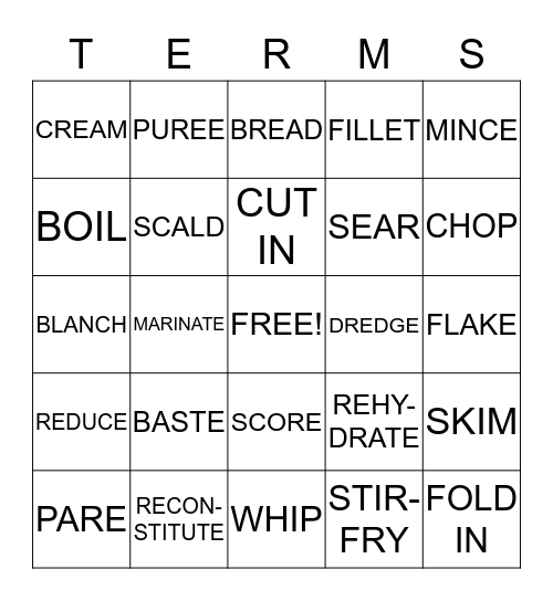 Food Preparation Bingo Card