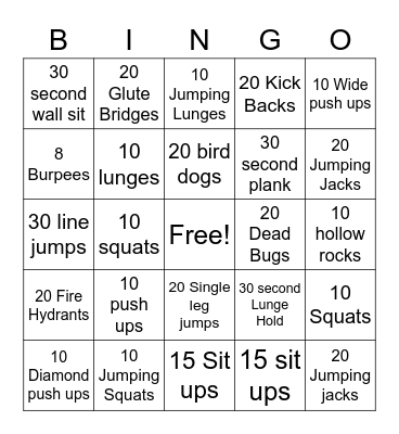 Fitness Bingo Card