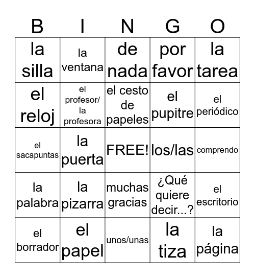 Spanish Bingo Card