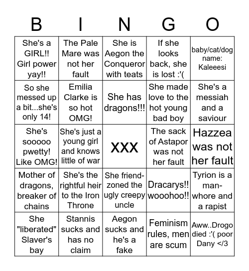 Daenerys Targaryen worshipper Bingo Card