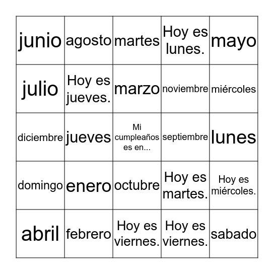 Mi cumpleaños es en... Bingo Card