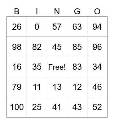 Numeros 2 Bingo Card