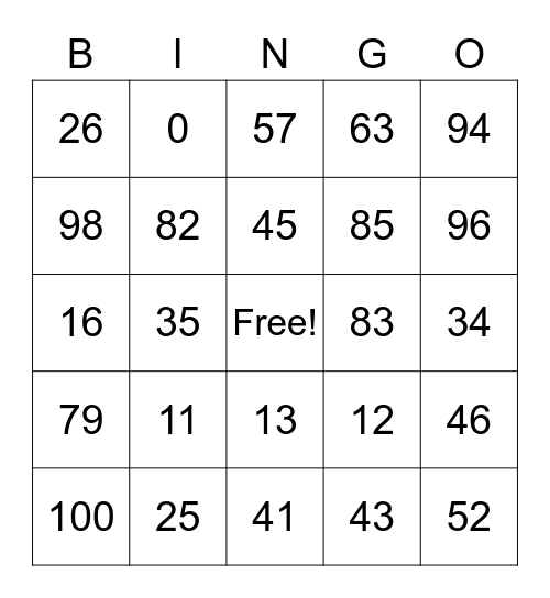 Numeros 2 Bingo Card