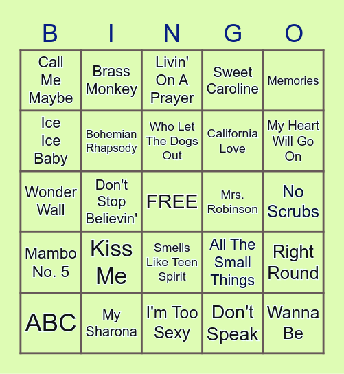 Name That Tune! Bingo Card