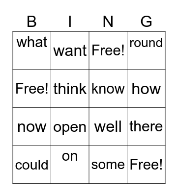 sight words Bingo Card