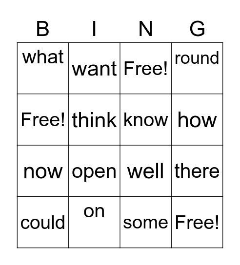 sight words Bingo Card