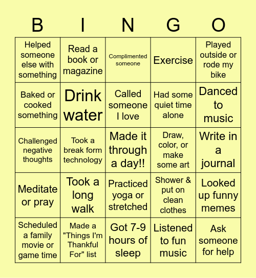 CBE Self-Care Bingo Card