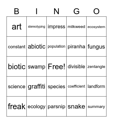 Ecosystem Bingo Card