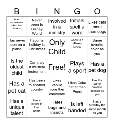 Youth Group Get to Know You Bingo Card