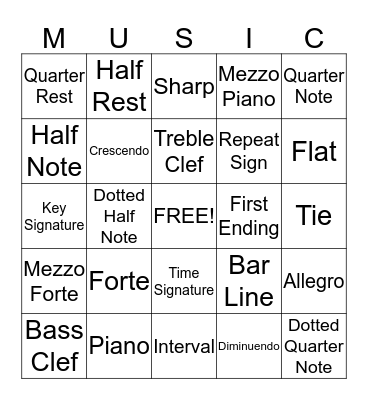 Musical Symbols Bingo Card