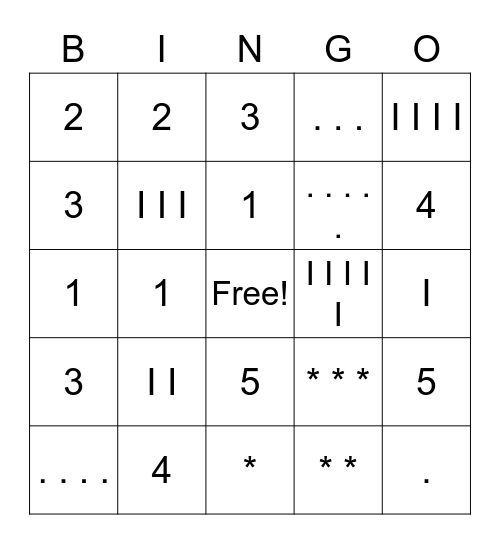 Matching #s Bingo Card