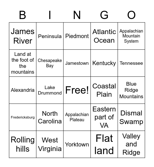 VS2 Geography Bingo Card