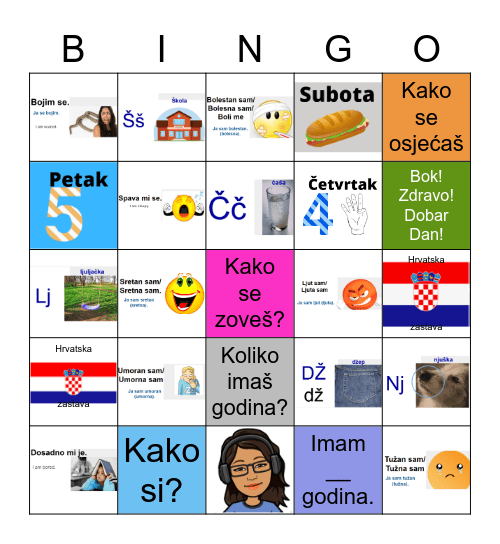 ABC/Emocije-Osjećaji/Dani u Tjednu Bingo Card