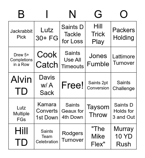 Packers Vs. Saints Bingo Card