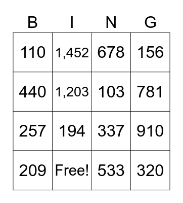 Place Value Bingo Card