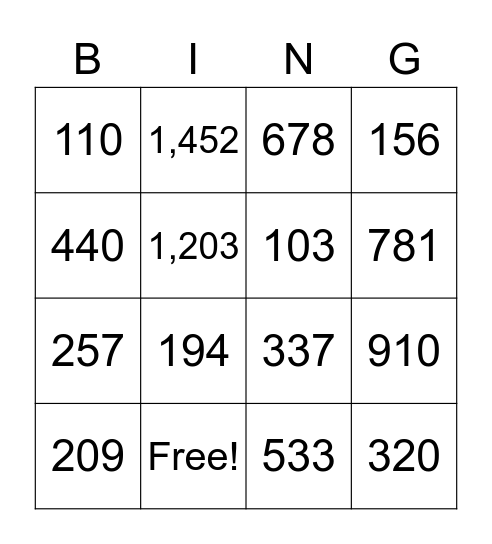 Place Value Bingo Card