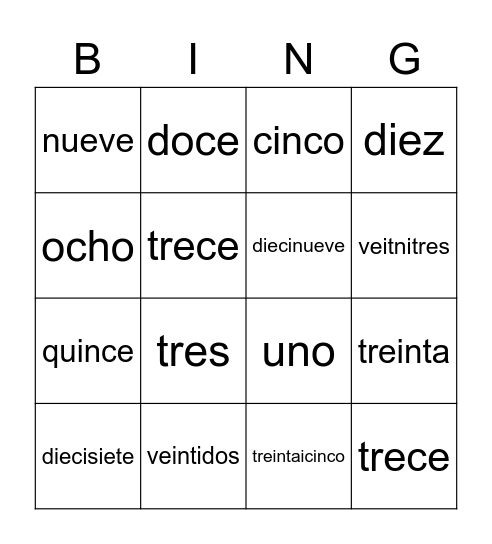 Spanish Bingo Card