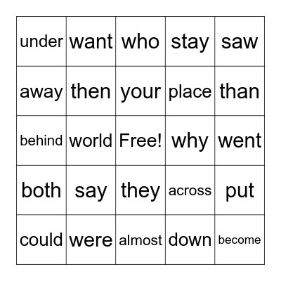 Sight Words Bingo Card