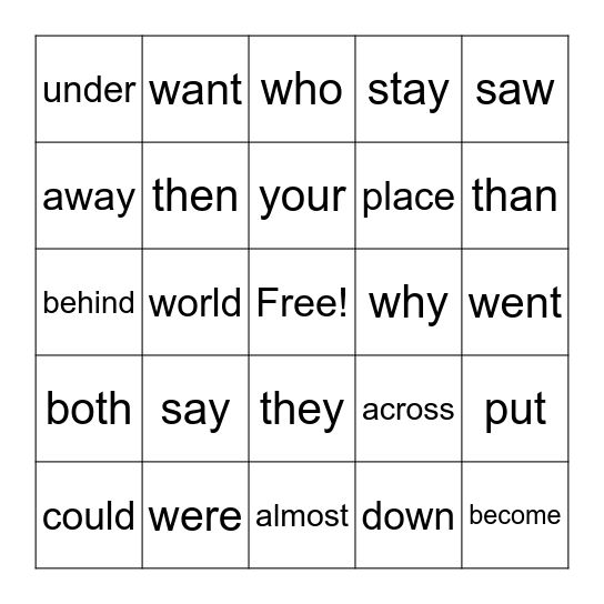 Sight Words Bingo Card
