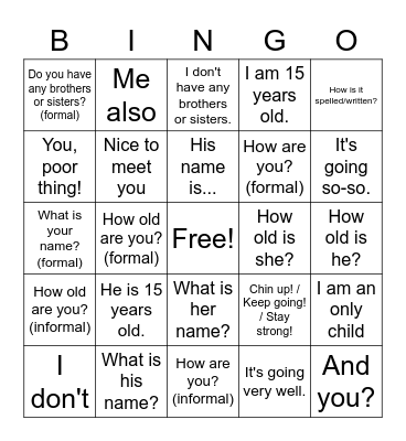 Getting to know you (basics) Bingo Card