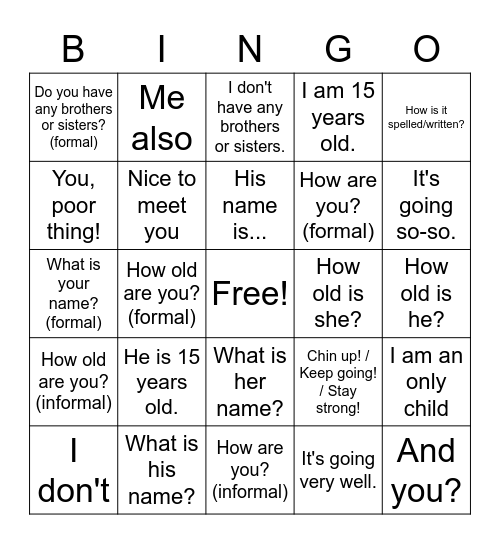 Getting to know you (basics) Bingo Card