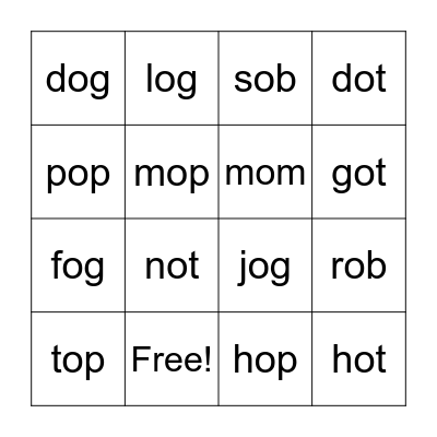 "o" CVC words Bingo Card