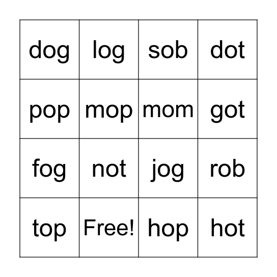 "o" CVC words Bingo Card