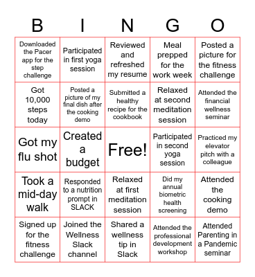 NFLPA Wellness Month BINGO Card