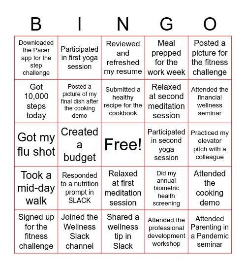 NFLPA Wellness Month BINGO Card