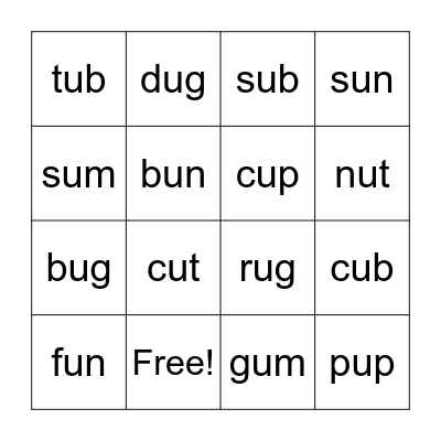 "u" CVC words Bingo Card
