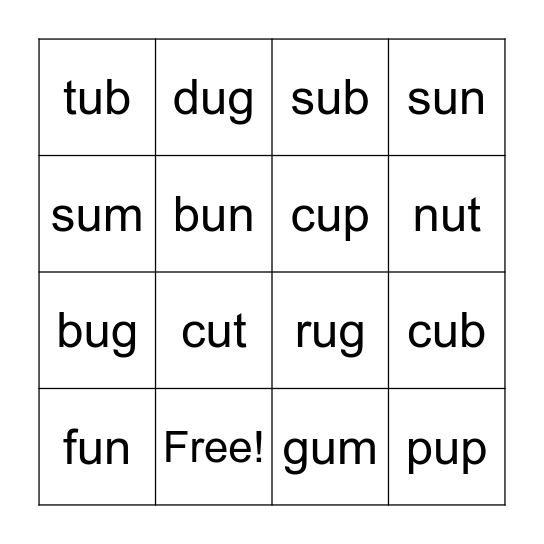 "u" CVC words Bingo Card