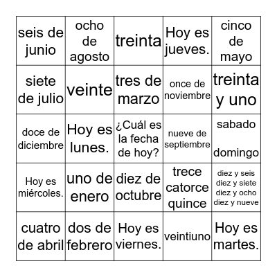 ¿Cuál es la fecha de hoy? Bingo Card