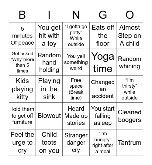 Childcare Bingo Card