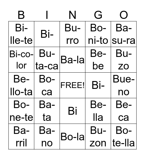 Sonidos con B Bingo Card