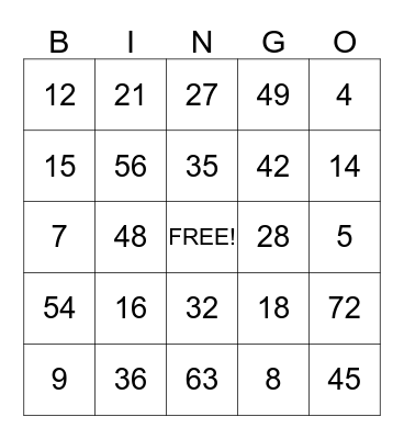 Multiplication Bingo  Bingo Card