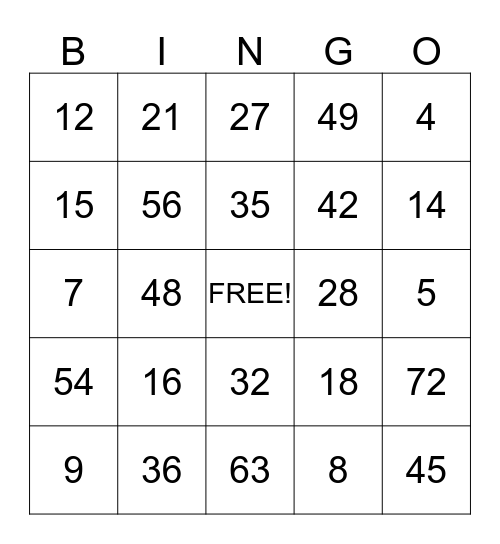 Multiplication Bingo  Bingo Card