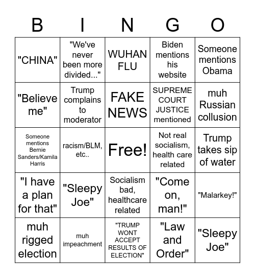 Trump v Biden Bingo Card