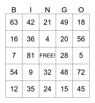 Multiplication Bingo  Bingo Card