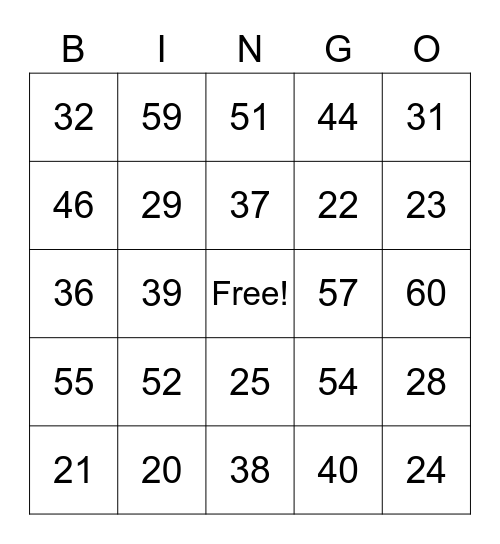 French numbers 20-60 Bingo Card