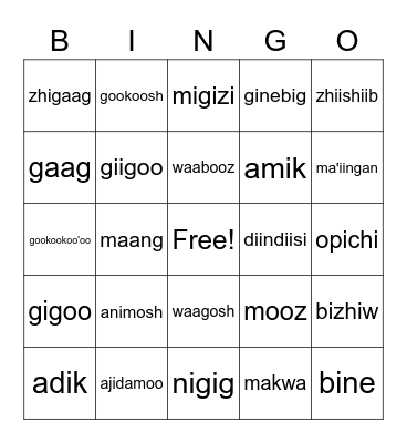 Animals Bingo Card