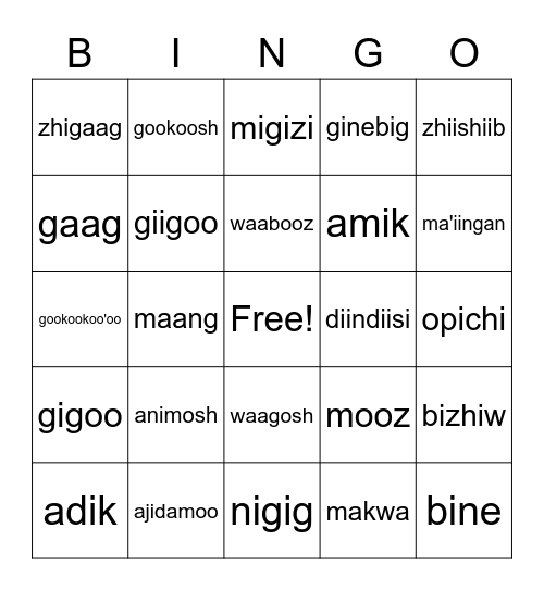 Animals Bingo Card