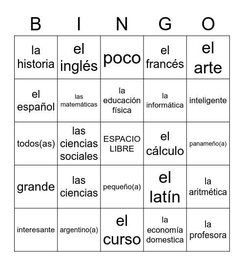 Repaso B     Vocabulary Bingo Card