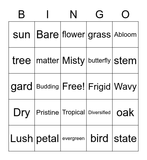 The nature club Bingo Card