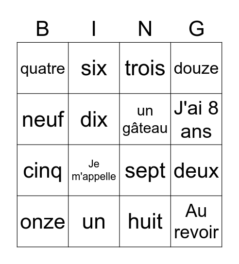 Bingo, lesson 1-2 Bingo Card